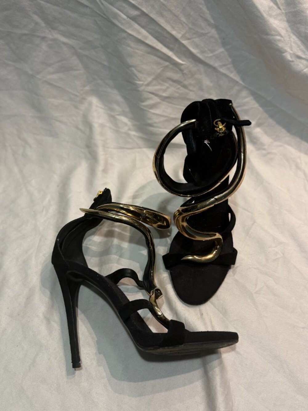 Giuseppe Zanotti Venere Black Suede Gold Serpent Ankle-Wrap Sandal Sz 39